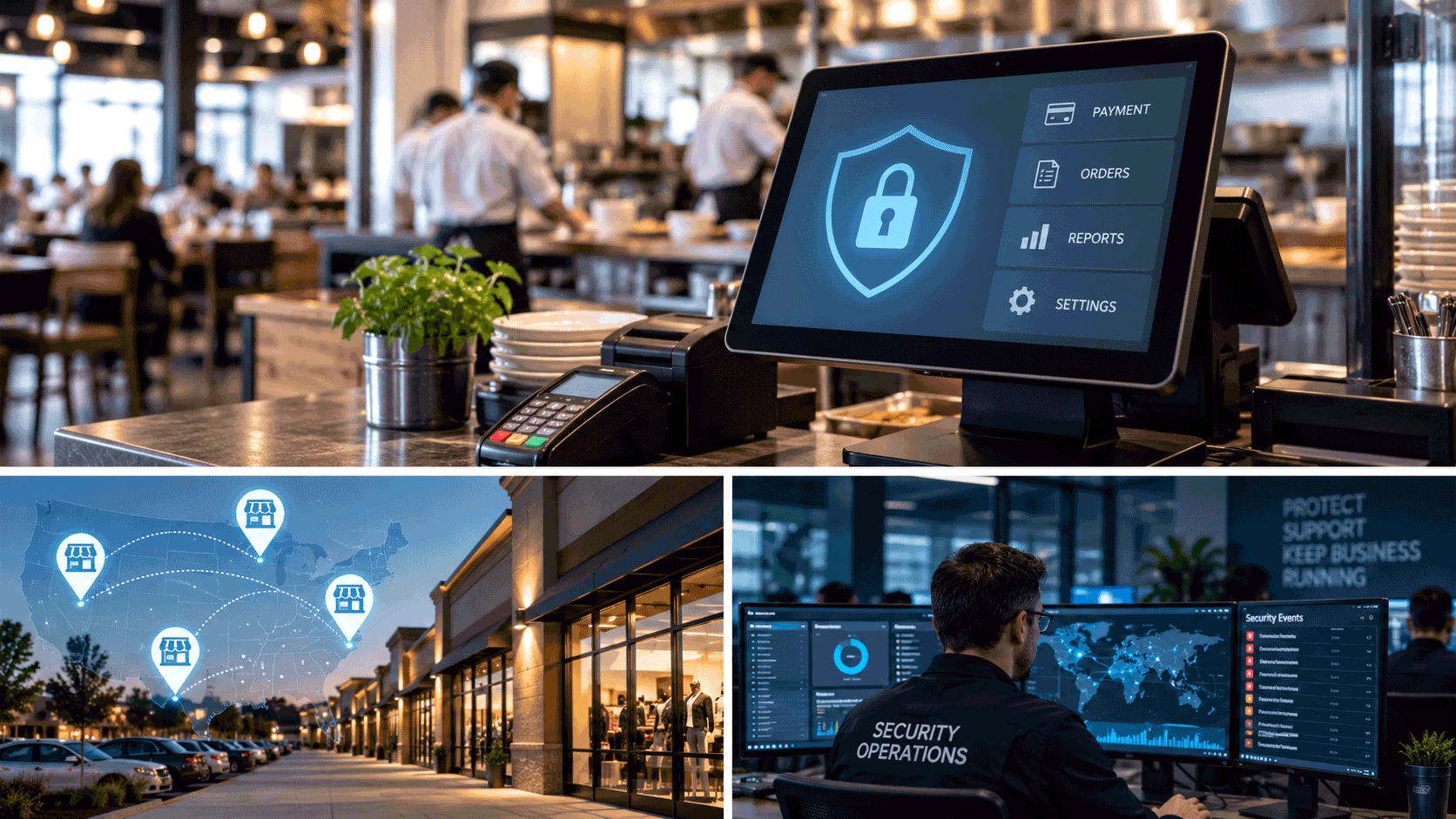 Cybersecurity protecting restaurant POS systems, retail locations, and security operations